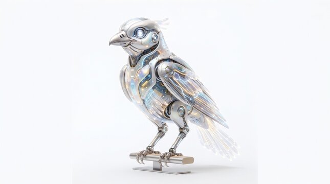 Futuristic mechanical robotic bird figurine with metallic textures and glowing circuit patterns isolated on white background for creative design or digital art concept.