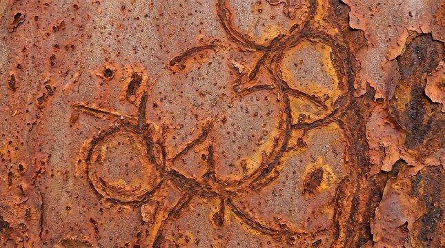 Rusted metal sheet with intricate swirling patterns of corrosion and decay