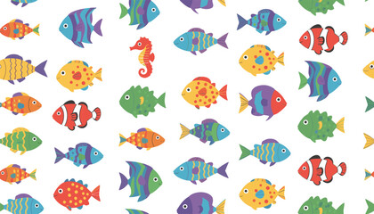 Obraz premium Vibrant seamless pattern featuring various cute cartoon tropical fish and a small red seahorse on a white background.