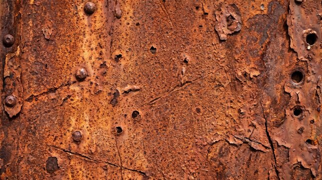 Extremely rusted metal plate with rivets and deep pitted corrosion texture