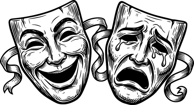 Theater or theatre drama comedy and tragedy masks in a vintage woodcut etching style
