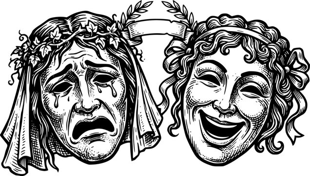 Theater or theatre drama comedy and tragedy masks in a vintage woodcut etching style
