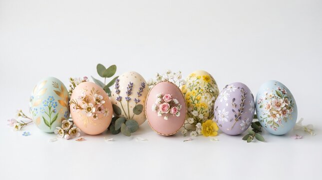 Decorative easter eggs featuring colorful hand painted floral patterns and delicate spring flowers for holiday home decor or seasonal springtime celebrations.