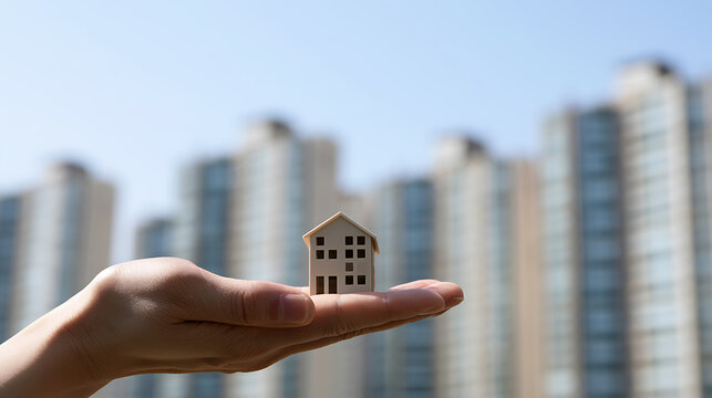 A person holds a small miniature house model in an open palm against a backdrop of tall urban apartment buildings and a blue sky