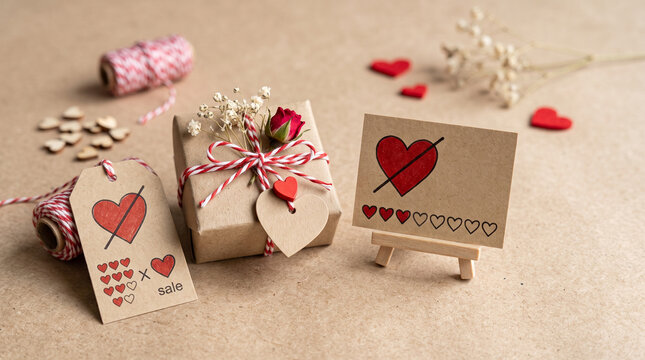 Valentine gift box with heart tag and greeting card on rustic craft paper background