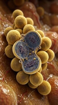 Staphylococcus microbe analysis: coccus form, golden sphere, internal structure, genetic material, cell division, pathogen cause, bacterial growth, membrane layer, scientific visualize.