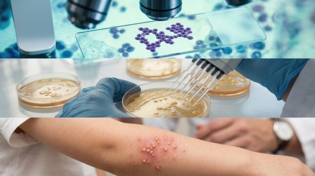 Staphylococcus bacterium study: microscope view, isolate pathogen, grow culture, analyze sample, pipette liquid, examine disease, human skin, develop rash, medical research, health problem.