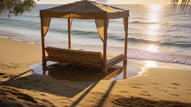 Lapping waves nudging four-post canopy daybed on beach under palms, sunlight shimmering on pool