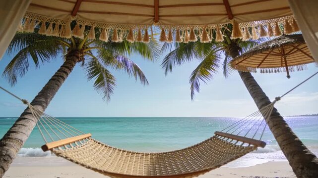 Light breeze sending woven hammock with spreader bars swinging amid leaning palms at cabana fringe