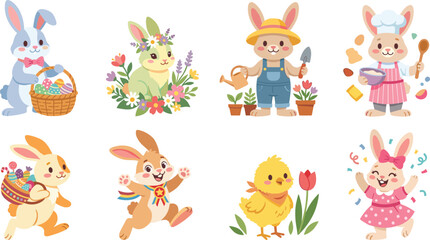 Naklejka premium Cute Easter Bunny Characters and Spring Activities Vector Illustration Set