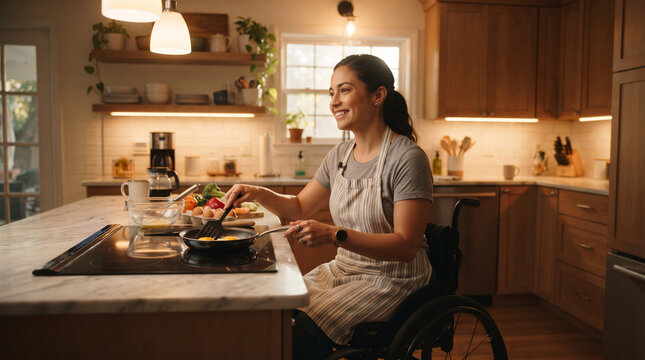 Woman in wheelchair cooking eggs in a modern kitchen