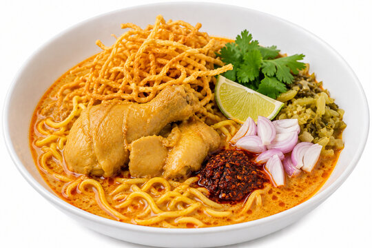 Traditional Northern Thai Khao Soi chicken curry noodles with crispy noodles