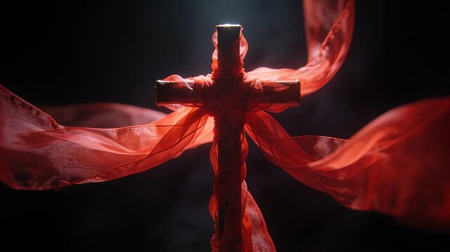 Billowing red ribbons on wooden cross with bindings unfurling from fog in studio