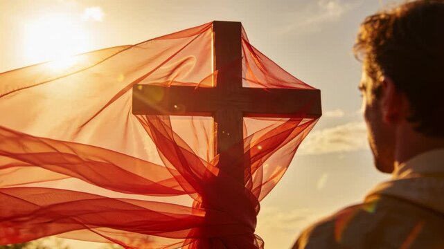 Breeze billowing red fabric on wooden cross on hill at sunset, priest in gold robe praying