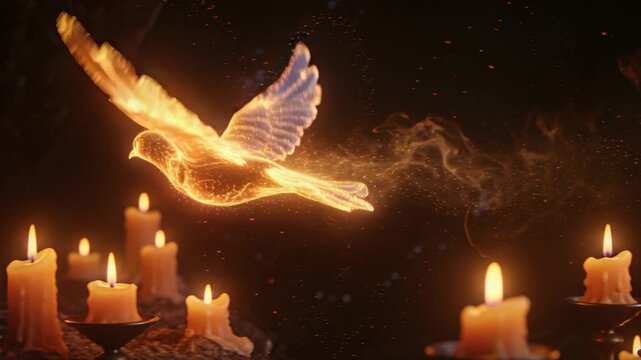 Emerging glowing bird hovering and gliding above candles in dim room, doing rite for cloaked viewer