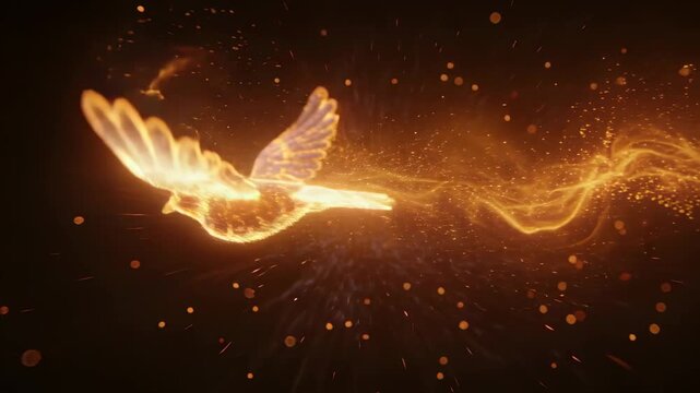 Flying glowing bird flapping wings across dark field at sequence start, emitting trail and embers