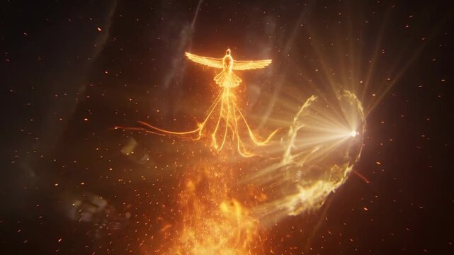 Flame column igniting phoenix-like bird rising and unfolding wings in astral void, trailing ribbons