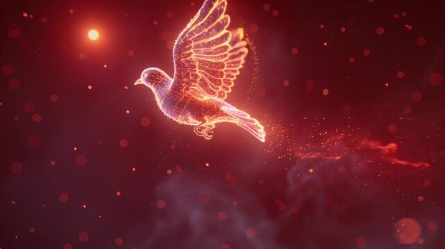 Flying wireframe dove flapping wings and emitting embers as frames advance to cross red nebula