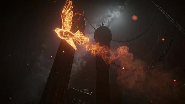 Rising glowing dove flame lifting from stone pedestal in dark chamber, trailing embers toward moon