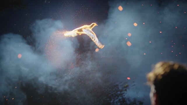 Sparking glowing dove appearing, flying through smoky sky with embers, man in dark jacket watching