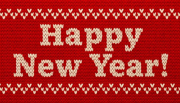 A knit sweater pattern featuring a Happy New Year font. It's a red wool ugly jumper with a textured look and white lettering. Perfect for a winter holiday banner, greeting card, or flyer design.
