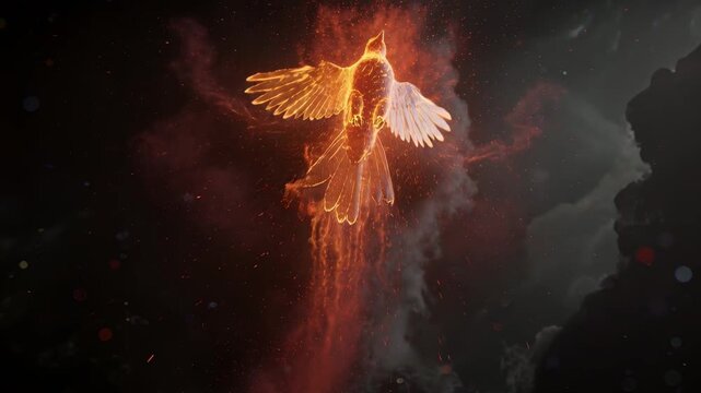 Spreading wings fiery phoenix climbing into dark smoky sky, shedding embers and trailing flame