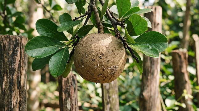 Single large wood apple fruit hangs from a leafy green branch against a background of rustic wooden fence posts and soft focus tropical garden foliage.