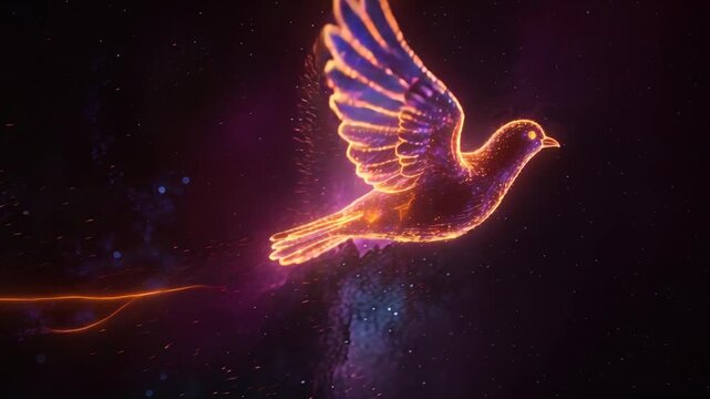 Pulsing outline launching glowing bird, flapping wings across nebula, trailing ribbon and sparks