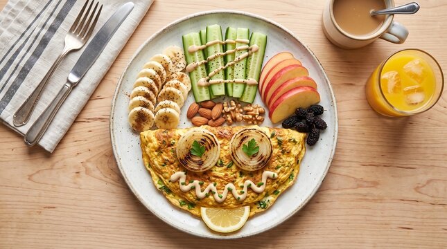 Creative breakfast plate with smiley face omelet sliced cucumber banana apple and nuts on wooden table next to orange juice and coffee for fun morning meal.