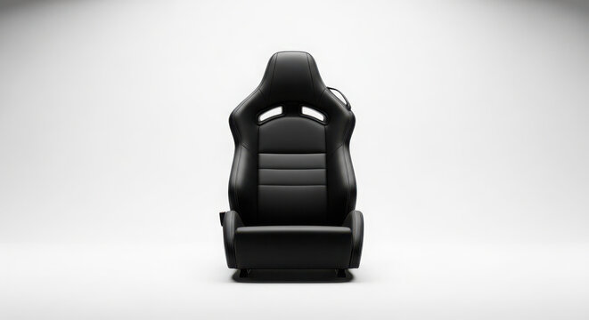 Black leather racing seat designed for high performance sports cars isolated against a clean white studio background with soft lighting