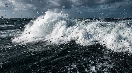 Obraz premium Stormy Sea with Raindrops: A powerful ocean wave crashes dramatically under a dark, stormy sky, with raindrops distorting the view, conveying the raw force of nature and the intensity of a tempest.