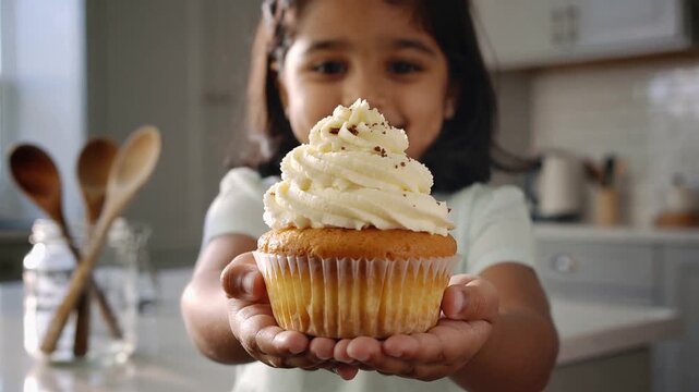 Smiling girl in mint dress holding and offering cupcake toward camera in kitchen, with spoons