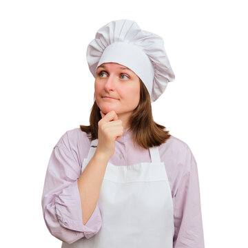 Woman chef thinking about cooking recipe. Female cook in apron and toque hat looking up with thoughtful expression. Professional kitchen worker planning menu on isolated transparent background.