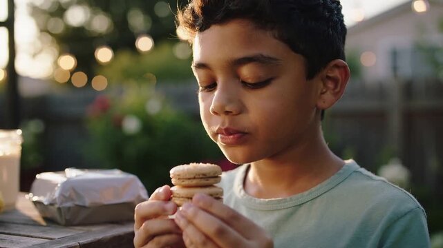 Smelling macarons, child in light green t-shirt bringing stack to lips at backyard, tasting flavor