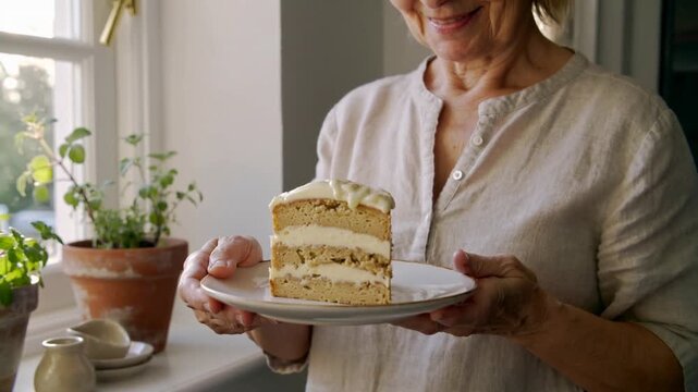 Adjusting grip, senior woman wearing linen blouse centering layered cake on ceramic plate by window