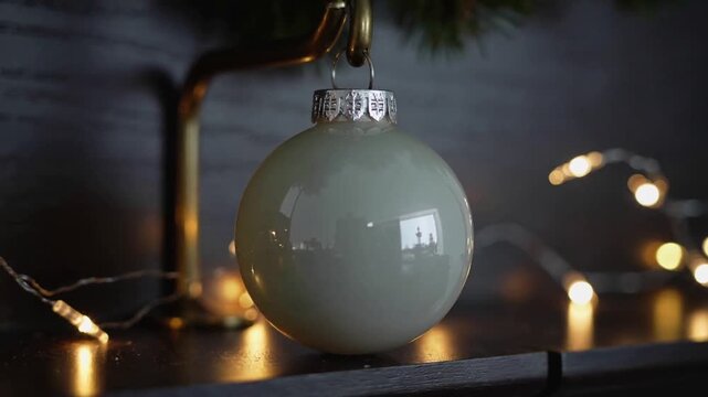 Camera tightening focus, pale bauble swaying on brass hook above shelf from draft, lights glowing