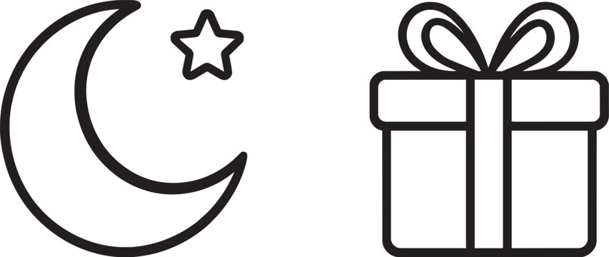 Crescent moon and gift box line icons on a white background for celebratory designs star
