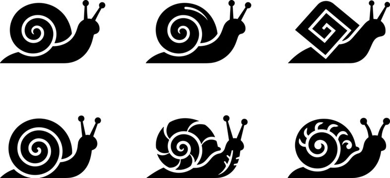 Set of vector snail icons, different shell patterns and shapes, flat black silhouettes