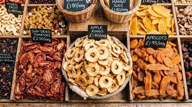 Market stall showcasing a vibrant array of dried fruits and vegetables including sun-dried tomatoes mango slices apple rings and apricots.