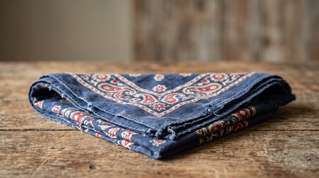 Textile Pattern on Wooden Surface: A folded blue bandana with a traditional red and white paisley pattern rests on a rustic wooden table.