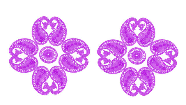 Two purple paisley mandala flower patterns with decorative swirl design isolated on white background for indian festival decorationpaisley pattern, mandala, purple flower, decorative swirl, floral mot