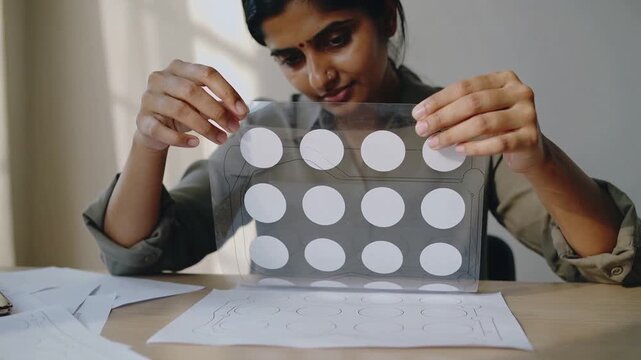 Smoothing template, woman in olive top aligning clear sticker sheet matching circles at home desk