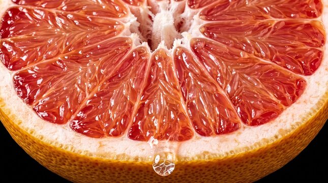Close up of juicy grapefruit sliced in half showing vibrant pink flesh and dripping juice against dark background.