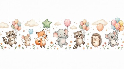 Fototapeta premium Adorable Watercolor Animals Holding Balloons Seamless Border Illustration. Cute Raccoon, Fox, Elephant, Koala, Hedgehog, Mouse.