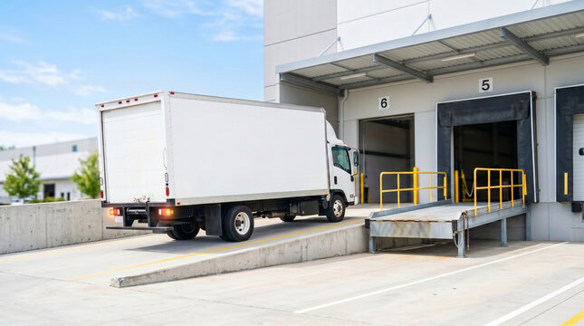 Truck backing onto loading dock ramp at a warehouse  