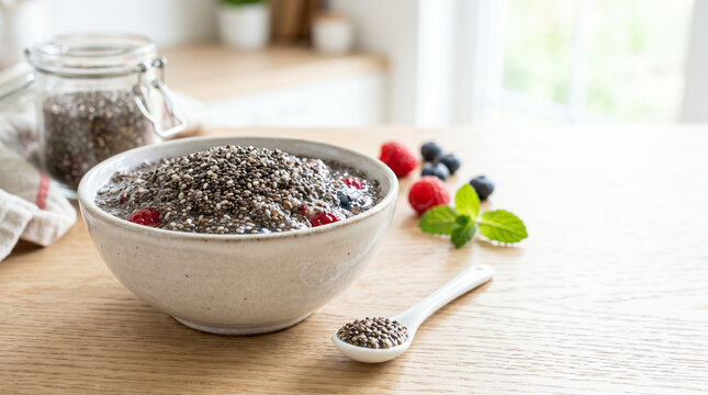 Chia seeds black white mixed in a bowl with fresh berries and mint  