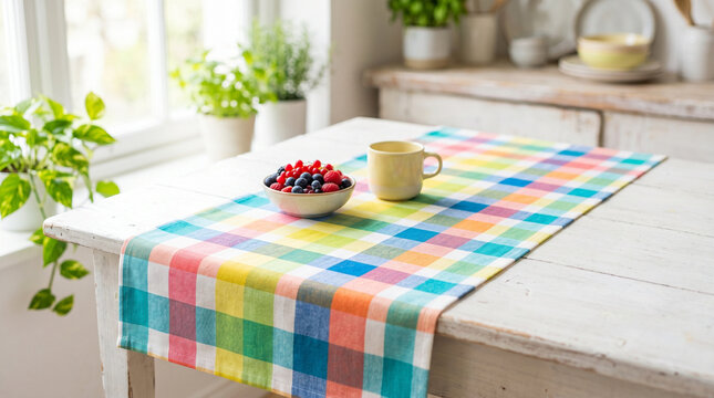 Colorful checked pattern grid square tablecloth with berries and cup  
