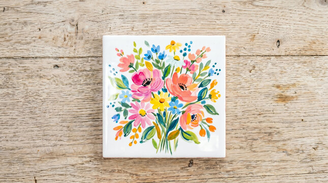 Floral tile hand painted brushstroke with vibrant flowers on wood  
