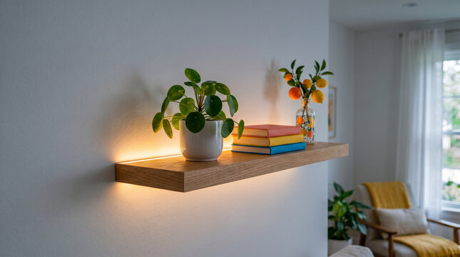 Floating shelf with integrated LED strip showcasing plant and books  