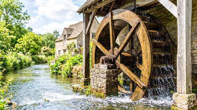 Flour mill water wheel rotating beside a stone house in nature  